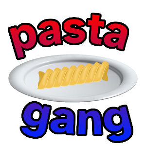 a fusilli pasta unit in a plate, with the word pasta above and the word gang below