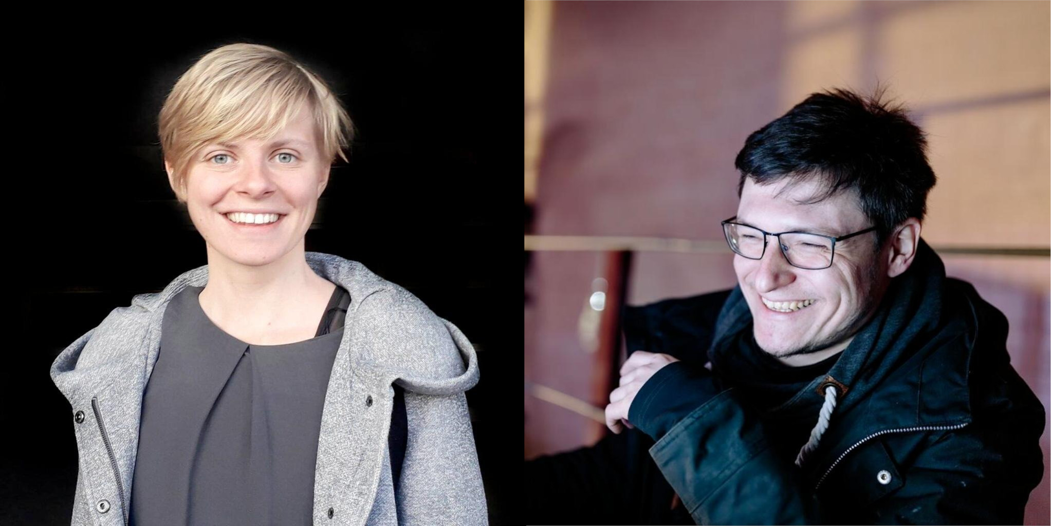 On the left: Artist and creative coder Rosi Grillmair (aka remony) smiling, wearing a gray jacket. On the right: Christoph Ignaz Kirmaier (aka chk), musician and multimedia artist, smiling and wearing glasses and a dark jacket.